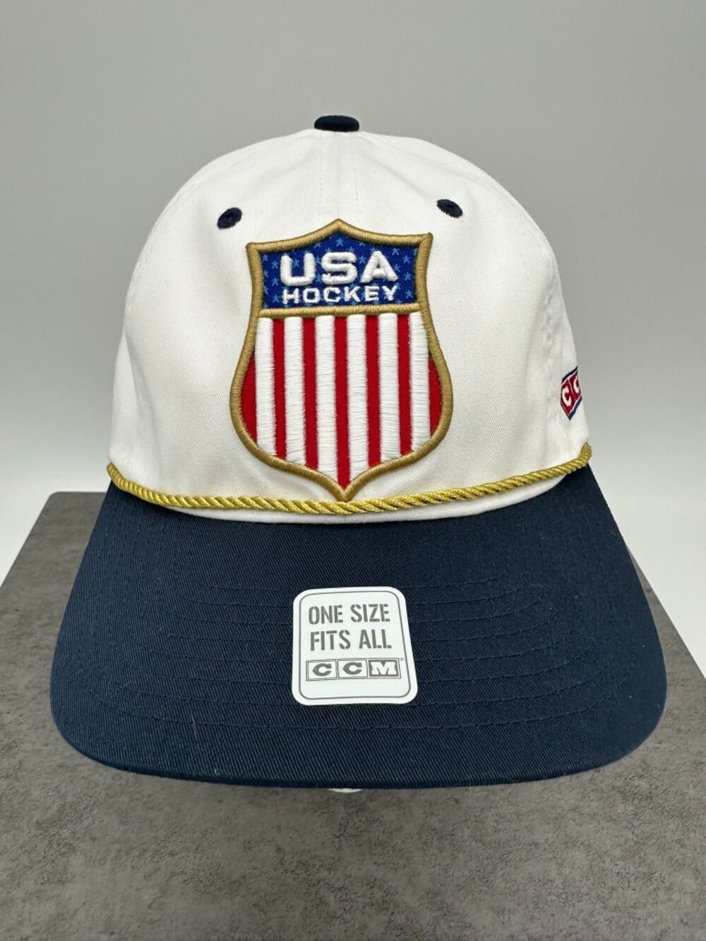 CCM Men's USA Hockey Flag Adjustable Rope Non-Structured Hat OSFM White/Navy
